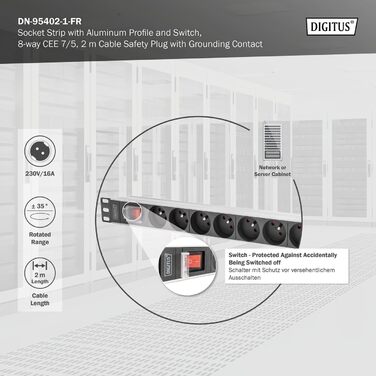 Подовжувач живлення DIGITUS 19 - - 1U - 250 В змінного струму - 50/60 Гц - 16 А - 4000 Вт (8 кранів, перемикач, версія FR)