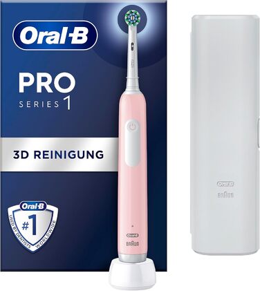 Електрична зубна щітка Oral-B Pro Series 1, 1 щітка, 3 режими чищення та датчик тиску для догляду за зубами, дорожній кейс, дизайн від Braun, рожевий