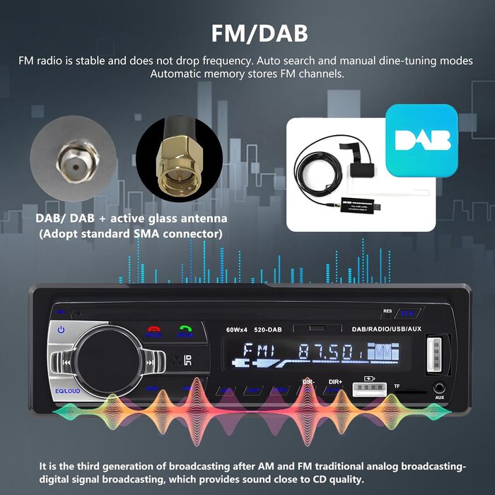 Автомобільна стереосистема Podofo 1 Din DAB з Bluetooth гучний зв'язок із 7 кольорами/USB*2/FM/AUX/TF/EQ/SWC MP3-плеєр Автомобільна стереомагнітола пульт дистанційного керування