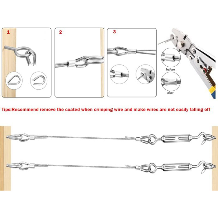 Набір мотузок з нержавіючої сталі TooTaci 2 мм, набір шпалер для тросів, натягувач мотузки M5 з нержавіючої сталі та 304 натяжний дріт з нержавіючої сталі в ПВХ оболонці, сталевий трос з вушками, набір для натягу мотузки для підвісів, огорожі, штор, саду 