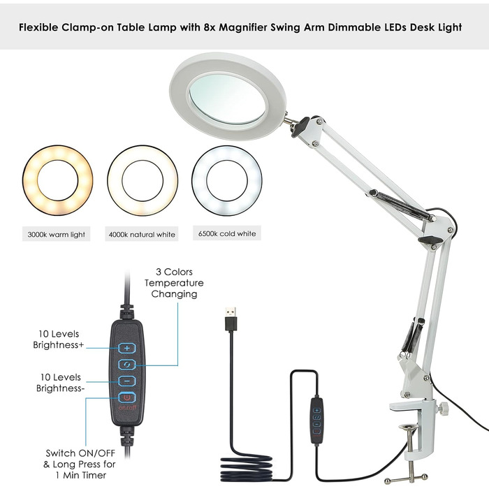 Лупа Neoglint зі світлом, лампа лупи 8 шт. лупа, 64 світлодіоди з регулюванням яскравості, 3 колірні режими, 10 рівнів яскравості, поворотний кронштейн і затискач, лупа зі світлом і підставкою Лампа лупи (маленька біла)