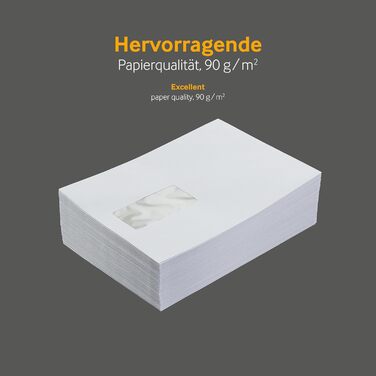 Штук, Поштові пакети, DIN B5, Чутливий до тиску клей зі смужками, що відклеюються, Прямий клапан, офсет 90 г/кв.м, З вікном, Білий, Порожні конверти, 500