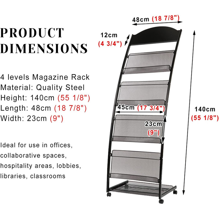 Підлоговий стелаж для журналів, тримач для брошур на колесах, міцна папка з 4 рівнями, підставка для книг для розміщення на підлозі, багатоцільовий стелаж для журналів з металу (розмір M)