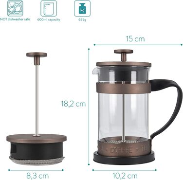 Кавоварка Navaris French Press з фільтром з нержавіючої сталі - 600 мл Stamp Pot - 15x10.2x18.2см - 0.6 л Кавоварка Press Pot - також для чаю 600 мл Brown