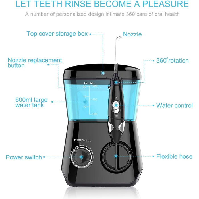 Електричний іригатор порожнини рота - TUREWELL Міжзубний очищувач з 10 рівнями тиску та 8 насадками, водонепроникний іригатор для порожнини рота IPX7, водна нитка 600 мл для дому (чорний)
