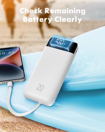 Зовнішній акумулятор USB C Powerbank з 4 вбудованими зарядними кабелями Портативний зарядний пристрій зі світлодіодним дисплеєм Компактний Тонкий 6 виходів Сумісний з iPhone, Huawei, Samsung Tabletбілий. 20000mAh Білий, 20000mAh