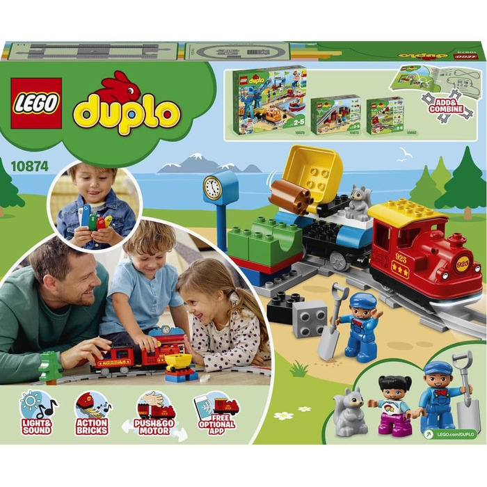 Паровозик LEGO DUPLO, залізнична іграшка з цеглинок LEGO з фігуркою тварини, іграшка-потяг для хлопчиків і дівчаток, зі світлом і звуком та мотором, подарунок для дітей віком від 2 років 10874 Стандартна упаковка Одинарна