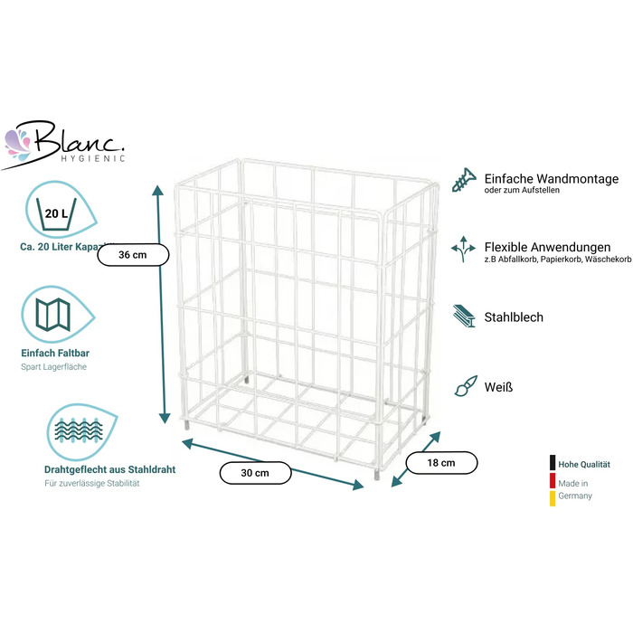 Контейнер для макулатури Blanc HYGIENIC FIX на 20 л з дротяної сітки , підвісний або стоячий, білий