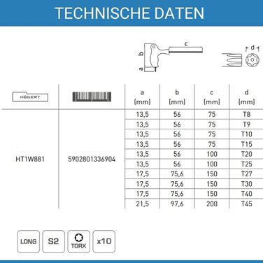 Набір захисних ключів Torx типу T - довгий - 10 шт. Ø 8 9 10 15 20 25 27 30 40 45I Захисний ключ Torx з Т-подібною ручкою I Захисний ключ Torx типу T Виготовлений зі сталі S2