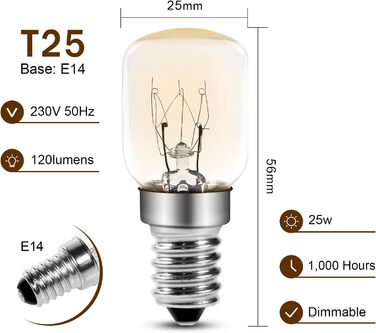 Лампа для духовки Comyan 25 Вт, малий гвинт E14, цоколь T25, лампи для духовки, лампи Pygmy 300 C для мікрохвильової печі/духовки/сольової лампи, 4 шт.