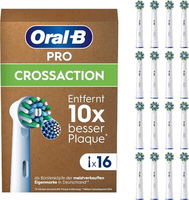 Щітки Oral-B Pro CrossAction для електричної зубної щітки, 12 шт. , чудове чищення зубів, X-щетина, оригінальна насадка для зубної щітки Oral-B, упаковка, готова до поштової скриньки, Зроблено в Німеччині (16 шт. (1 упаковка), Біла)