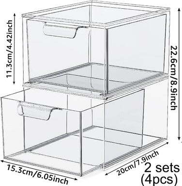 Органайзер для косметики AKOLAFE 4 шт. Органайзер для великих ящиків Органайзер для туалетного столика Штабельована коробка для зберігання 20x15x11 см Пластиковий акриловий косметичний органайзер для зберігання для ванної кімнати, макіяжу