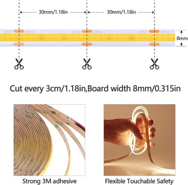 Світлодіодна стрічка 3000K Світлодіодна стрічка тепла біла 384 світлодіоди/м Самоклеюча CRI 93 Висока яскравість 6800 лм Неводонепроникна світлодіодна стрічка IP20 для прикраси будинку в приміщенні (тільки стрічка) (теплий білий, 15 метрів), 24V 10M COB