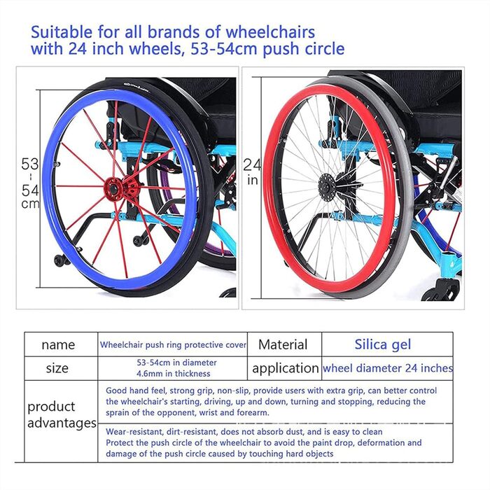 Пара нековзких зносостійких силіконових чохлів для ручного інвалідного візка для спортивних інвалідних візків із заднім колесом 24 дюйми, малі накладки на маховик, D, 24 дюйми D 24 дюйми