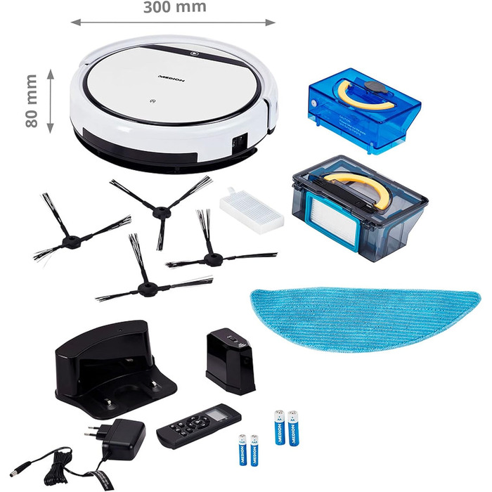 Робот-пилосос MEDION з функцією протирання (час роботи 90 хв., робот-пилосос 2 в 1 для твердих підлог, килимів, плитки, ламінату, оптимізований для шерсті домашніх тварин, повертається на зарядну станцію, MD 18501) білий