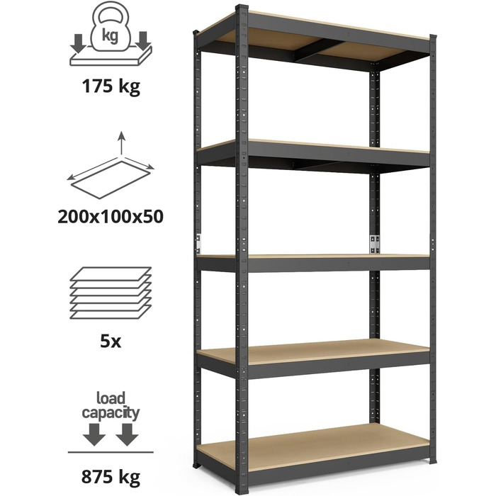 Металева полиця Гнучка сталева полиця для складу та підвалу. Міцна полиця без болтів з регульованими полицями. Полиця вантажна 750кг 5 полиць МДФ антрацит, 200х100х50см 200х100х50 антрацит
