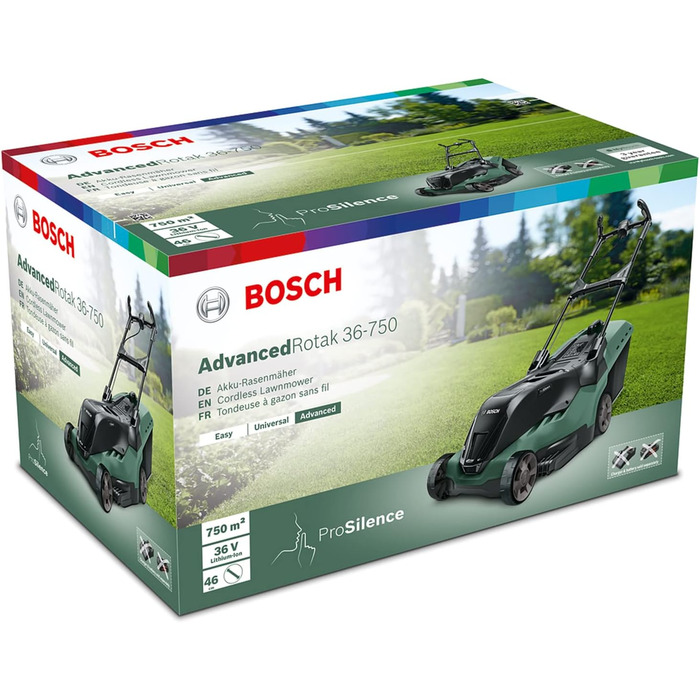 Акумуляторна газонокосарка Bosch AdvancedRotak 36-750 (36 В, без акумулятора, ширина зрізу 44 см, площа газону до 750 м, в коробці) без акумулятора Старий дизайн