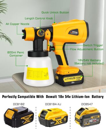 Акумуляторний фарборозпилювач для акумулятора Dewalt 18v 54v, фарборозпилювач HVLP для шаф автомобілів стін меблів фарбування будинків (тільки інструмент) Для акумулятора Dewalt