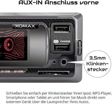 Автомагнітола XOMAX XM-R266 з системою гучного зв'язку Bluetooth, функція зарядки смартфона через 2-й USB-порт, вугільна оптика, 7 світлодіодів з регулюванням кольорів, RDS, USB, SD, MP3, AUX, 1 DIN