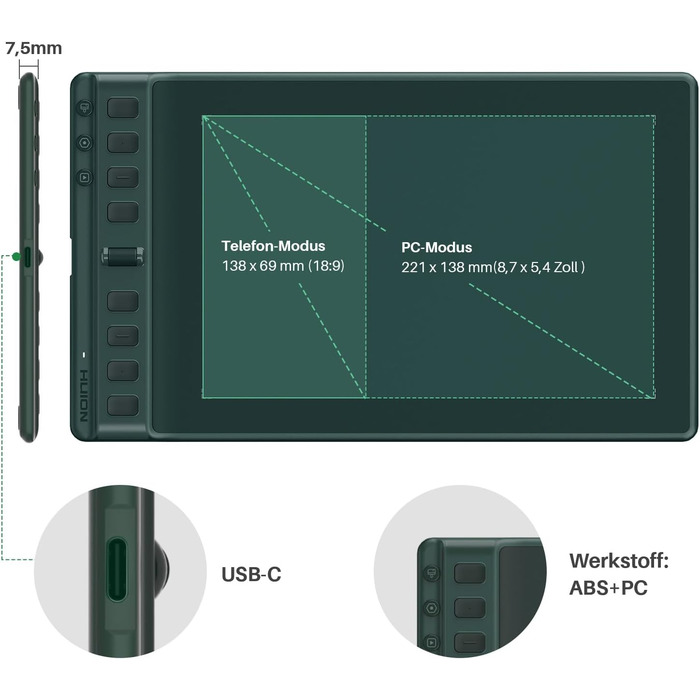 Графічний планшет HUION Inpiroy 2 Портативний планшет для малювання 6,3 x 3,9 дюйма з 8192 пучками без батарейок, 6 актів друку ролик, для Windows Mac Linux Android ChromeO Roa (M, Green)