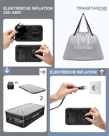 Надувний матрац OlarHike 203 x 152 x 46 см із вбудованим електричним насосом для кемпінгу або домашнього використання чорний