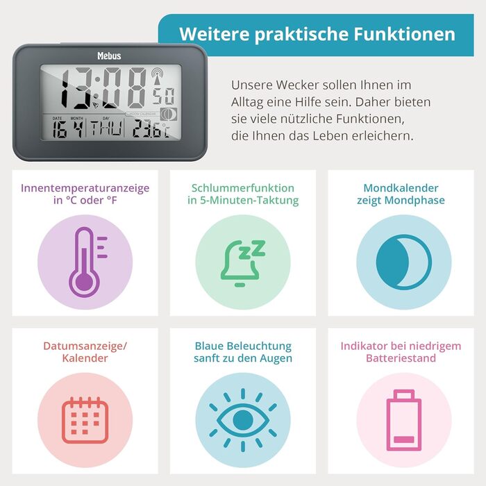 Цифровий бездротовий будильник Mebus з місячним календарем I Освітлення I Кімнатний термометр I 2 рази будильника Я відкладаю функцію I Дата (сірий, L 4.8 x Ш 11.5 x В 6.8 см (Упаковка з 2 шт. ))