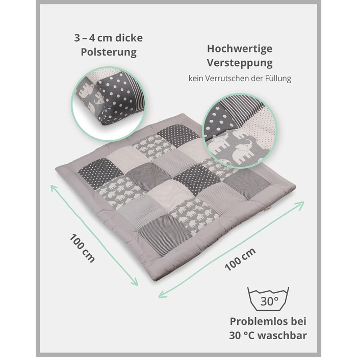Повзуча ковдра для дитини 120x120 см, 100 матеріали Oeko-TEX, виготовлені в ЄС, товста та м'яка підкладка, - ідеально підходить як дитяча ковдра та ігрова ковдра для дитини (сірі слони, 100 x 100 см)