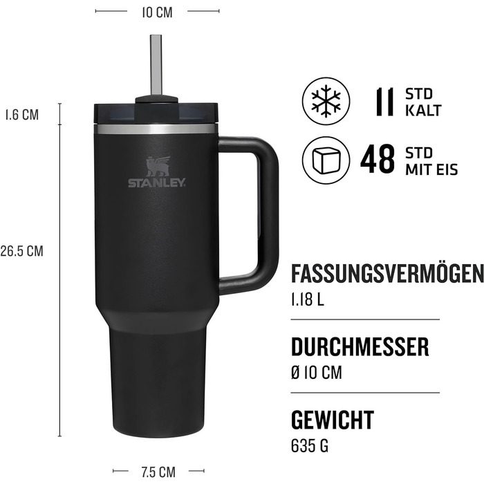 Пляшка для води Stanley Quencher H2.0 FlowState з соломинкою 1,2 л - термокружка охолоджує 11 годин - 48 годин Ice-Cold - Можна мити в посудомийній машині - термос Пляшка BPA Free - Кавова кружка на винос - чорний чорний тональ