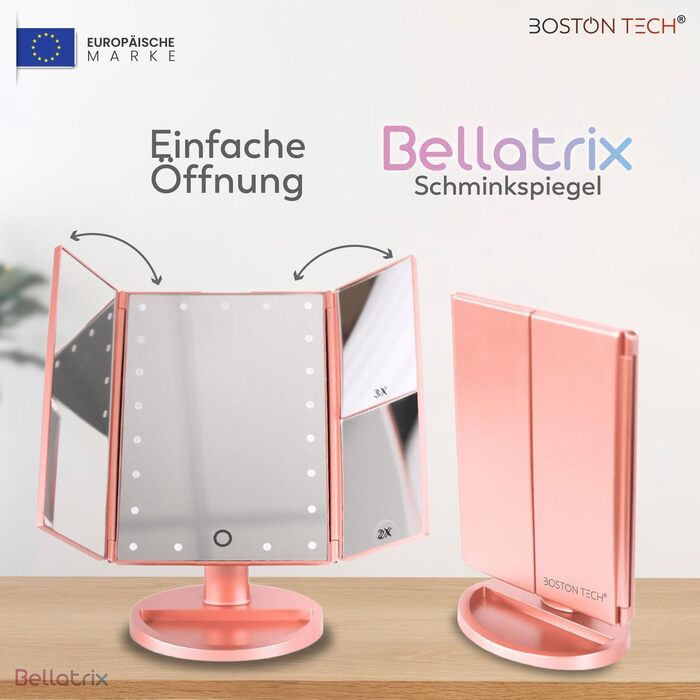 Косметичне дзеркало зі світлом Bellatrix від Boston Tech збільшення /2X/3X/10 шт. 3-стороннє регулювання світлодіодна стрічка поворот на 180 подвійне джерело живлення сенсорний екран