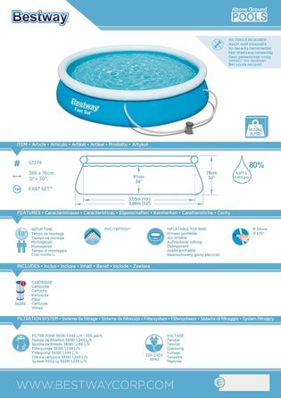 Набір круглих надувних басейнів Bestway Fast Set 3,66 м х 76 см