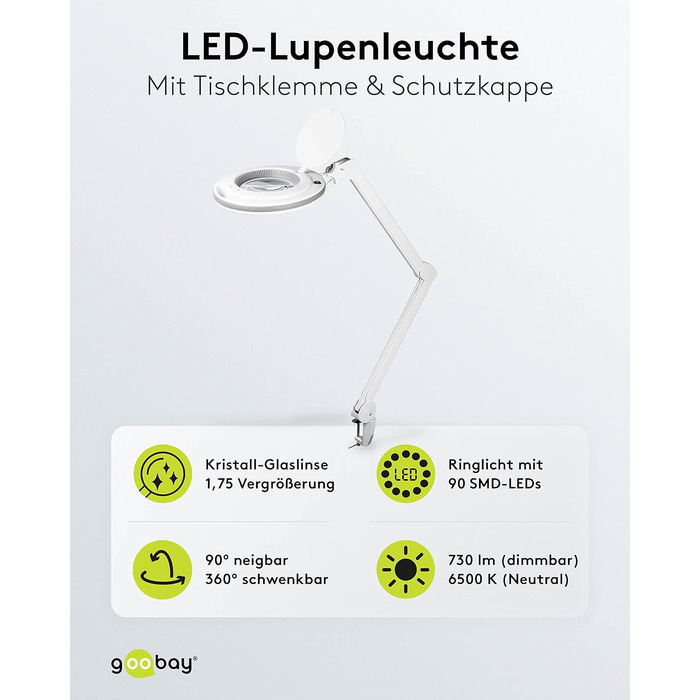 Світлодіодна лампа-лупа goobay 60362 з затискачем / споживана потужність 9 Вт / лінза з кришталевого скла 127 мм/колірна температура 6400 K / 1.75 шт. збільшення/світловий потік 83-730 люмен/біла версія 2023 року
