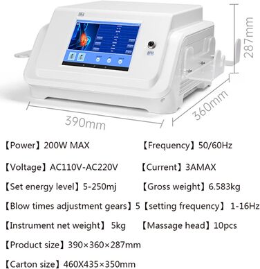 Пристрій ударно-хвильової терапії для лікування ЕД, Пристрій для ударно-хвильової терапії ESWT Інструмент для шокової фізіотерапії для полегшення болю з 10 масажними головками для шиї, спини, плечей, стопи