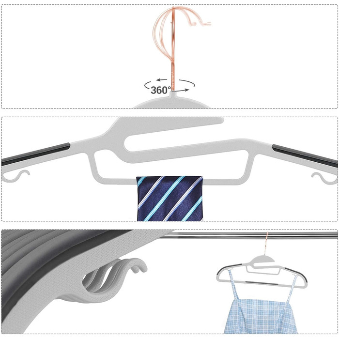 Набір вішалок SONGMICS 30 шт. , пластикова вішалка для костюма, висока якість, протиковзкий дизайн, економія місця, товщина 0,5 см, гачок з рожевого золота, поворот на 360, ширина 41,5 см, світло-сіро-темно-сірий CRP43G30 світло-сірий темно-сірий