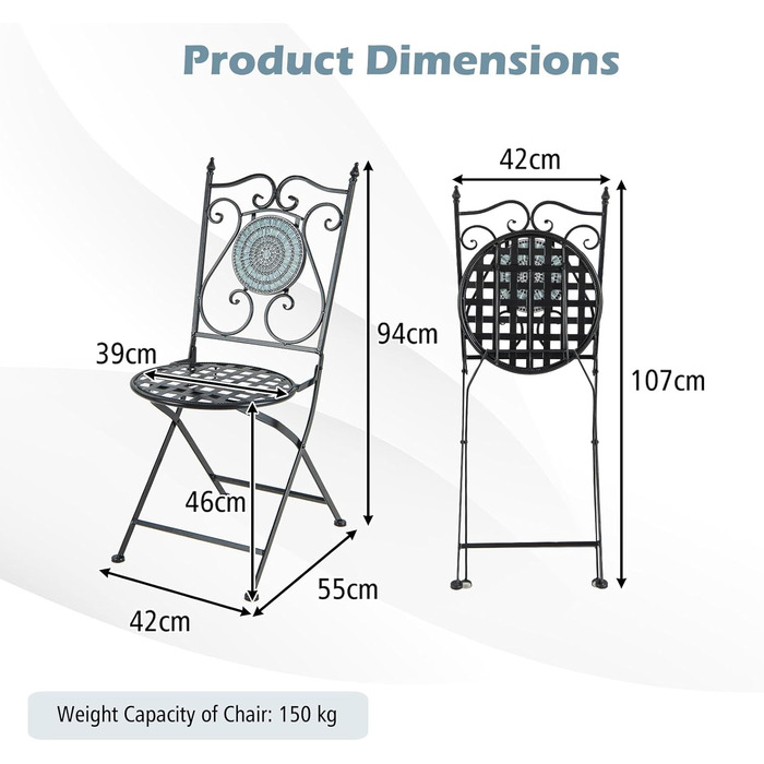 Комплект з 2 розкладних стільців, мозаїка, металеве крісло для патіо, декоративна спинка, максимальне навантаження 150 кг, для вітальні, саду, їдальні, QS44583-5FR