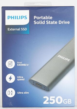 Зовнішній портативний SSD-накопичувач Philips на 250 ГБ - ультратонкий SATA Ultra Speed USB-C, швидкість читання до 540 МБ/с, алюміній