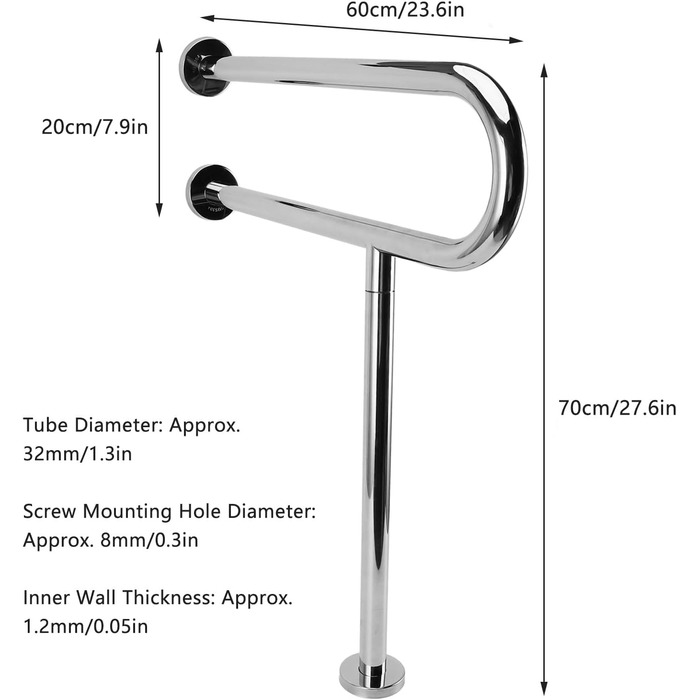 Поручні для людей з обмеженими можливостями, захисні поручні для унітазу з нержавіючої сталі 27,6 дюйма, настінні захисні перила для ванної кімнати для людей з обмеженими можливостями