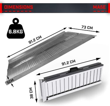Рампа для інвалідних візків Jago - алюміній, складний, в асортименті Розміри (90, 122, 150см), Мобільний складний, 270кг - навантажувальна рампа, порогова рампа, пандус, пандус для сходів, ролики для інвалідних візків (90 см)
