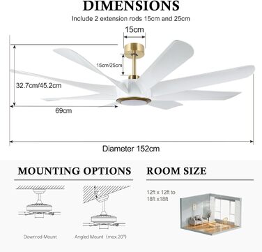 Стельовий вентилятор OFANTOP білий з освітленням і пультом дистанційного керування, стельові вентилятори, 6 швидкостей, безшумний стельовий вентилятор, сумісний з Alexa/Google Home (152 см, білий і золотий)