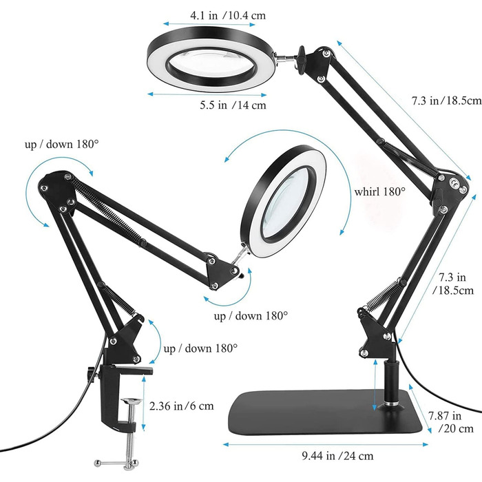 Лампа-лупа з основою столу та затиском, 8-кратне збільшення, 3 колірні режими, 10 регульованих яскравостей, світлодіодна лупа 2-в-1 зі світлом і підставкою, регульована поворотна лампа для роботи, читання, хобі 8X
