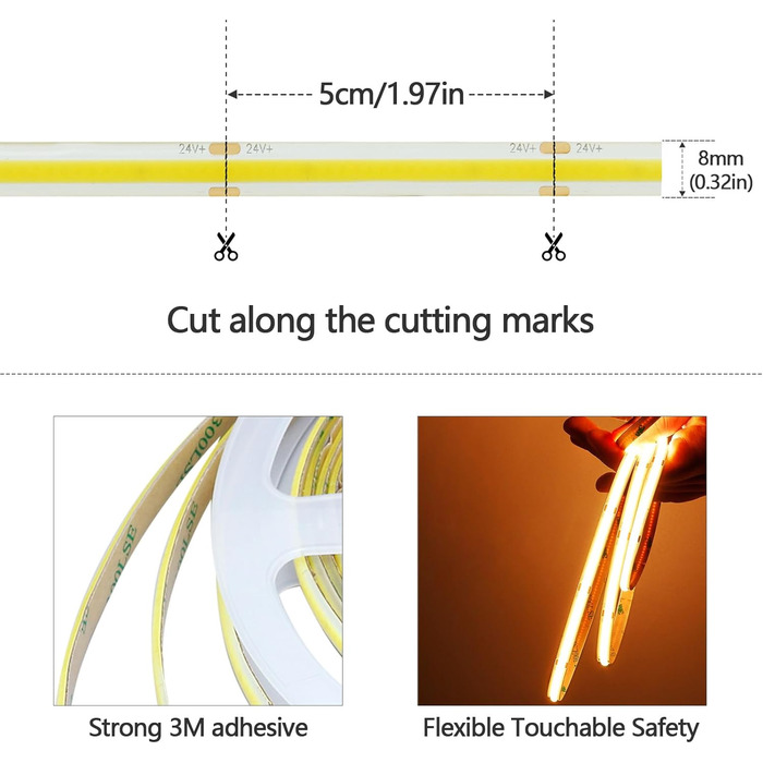 Світлодіодна стрічка GOMING 24V COB тепла біла 3000K 5M водонепроникна світлодіодна стрічка IP65 480 світлодіодів / м Без світлових плям CRI 93 Світлодіодна стрічка високої яскравості 4300 лм для прикраси домашньої кухні (тільки стрічка) Теплий білий 5 ме