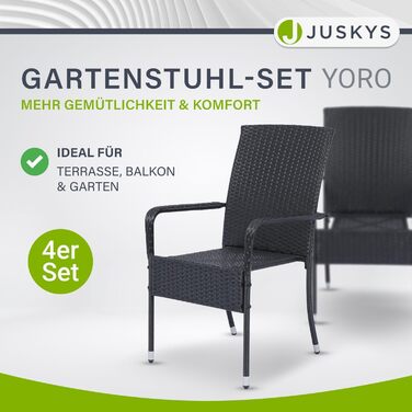 Садові стільці Juskys Poly Rattan Yoro Набір з 4 шт. з підлокітниками та спинкою - 4 стільці штабельовані - Ротангове крісло Garden - Стілець для штабелювання чорний 4 шт. и чорний