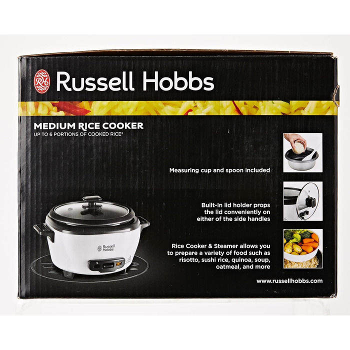 Рисоварка Russell Hobbs мала середня 0,8 л з вставкою для пароварки (функція підтримки тепла, каструля з антипригарним покриттям, ложка для рису та мірна чашка, мультиварка для овочів та риби тощо) 27030-56 Одинарний