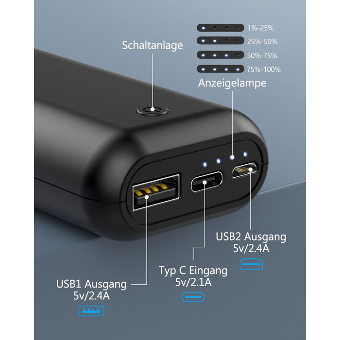 Міні-компактний зовнішній акумулятор Power Bank Маленький, але міцний з Micro USB C Зарядний пристрій для мобільного телефону Light Компактний зовнішній акумулятор, 10000mAh