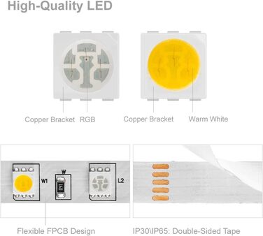Теплий білий (2700K-3000K) 4 кольори в 1 Світлодіод 5м 60 світлодіодів/м Багатобарвна світлодіодна стрічка IP65 Силіконове покриття Водонепроникна біла друкована плата DC12V для прикраси інтер'єру (Rgb теплий білий, IP 65), 5050 RGBW RGB