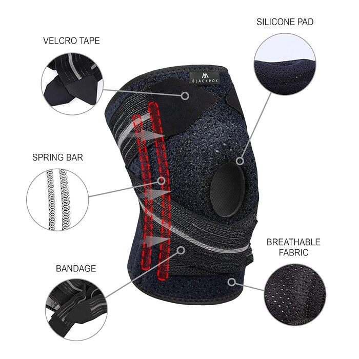 Силіконове кільце BLACKROX Knee Brace GENUSHOCK Sport Чоловіки Жінки Фітнес Бічні стабілізатори Спортивні бандажі для колін Стабілізовані наколінники для носіння праворуч і ліворуч (один розмір, чорний/чорний) One size Чорний / Чорний