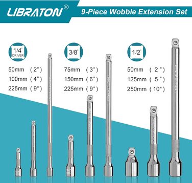 Набір нахилених подовжувачів LIBRATON 9 шт. , дюймові подовжувачі 1/2, 3/8, 1/4 дюйма, набір подовжувачів Cr-V з хромованим відсіком для зберігання з EVA сріблястого кольору
