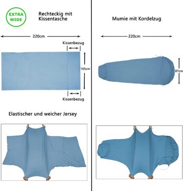 Бамбукове простирадло для подорожей, еластичний спальний мішок з трикотажу для готелів, внутрішній спальний мішок для подорожей і кемпінгу, прямокутний з кишенею для подушки дихаючий внутрішній спальний мішок мумія з капюшоном