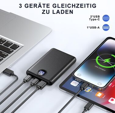 Вт Mini PowerBank 15000mAh (USB-C Input & Output), PD 3.0 QC 3.0 Зовнішні батареї мобільного телефону зі світлодіодним дисплеєм, сумісні з iPhone 16 15 14 13 12 Pro Max та іншими, 22,5