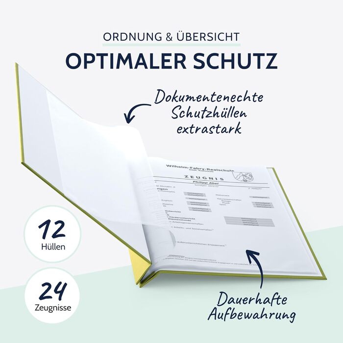Папка для сертифікатів пастельна папка для документів DIN A4, папка для документів з кришкою, що загвинчується, і 12 прозорими кишенями, папка з лляної структури з 12 рукавами, приблизно 24 x 31,5 x 2 см (Green 3), 36113