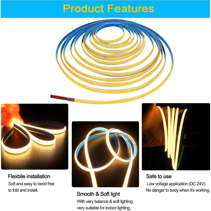 Світлодіодна стрічка Tesfish 24 В, шириною 5 мм ультратонка світлодіодна стрічка COB тепла біла 3000K 5M 480 світлодіодів/м Всього 2400 світлодіодів Неонове світло Гнучка світлодіодна стрічка для вечірки, стійки, полиці, домашнього декору